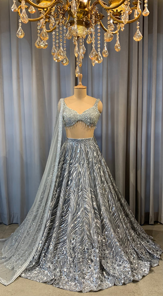Silver hand embroidered Lehnga set