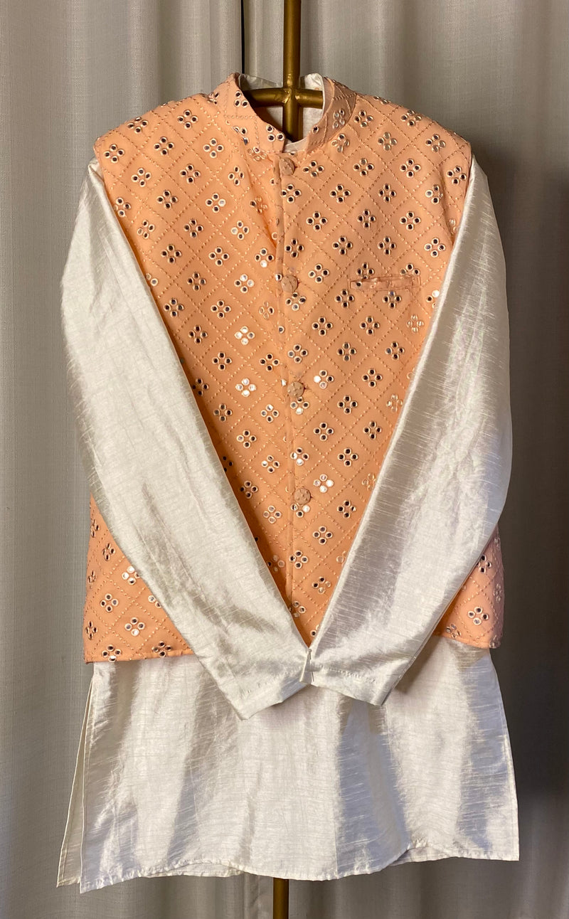 Peach and Silver Kurta Sadri Set