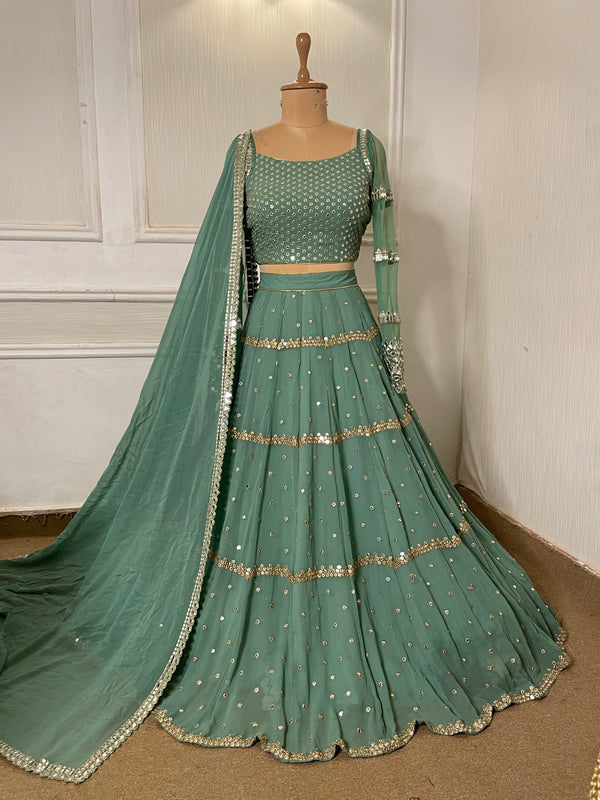 SEA GREEN AND GOLDEN LEHENGA SET