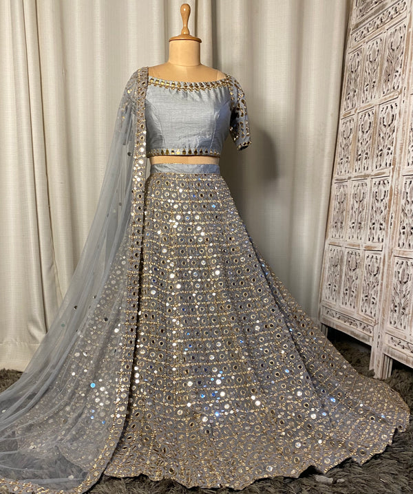 GREY LEHENGA SET WITH MIRROR WORK