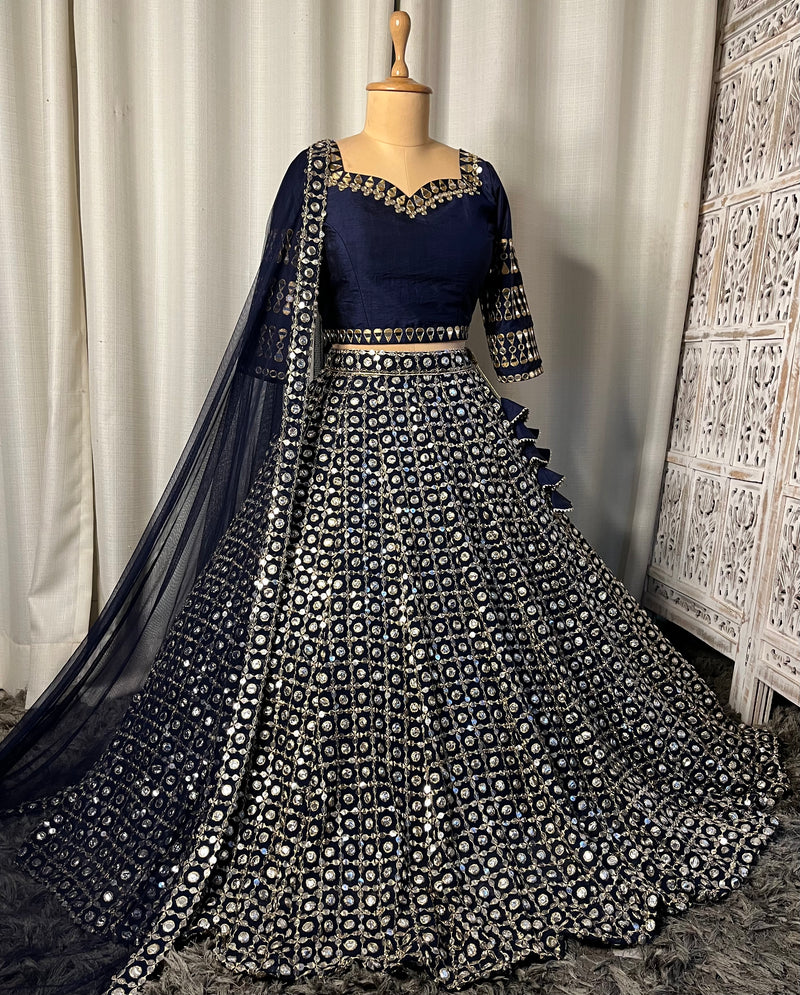 Navy blue lehenga set with mirror work