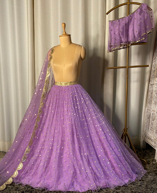 Purple lehenga set with mirror work