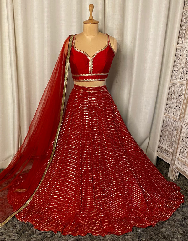 Deep Red Mukesh Lehenga