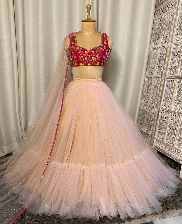 Embroidered Pink Net Lehnga