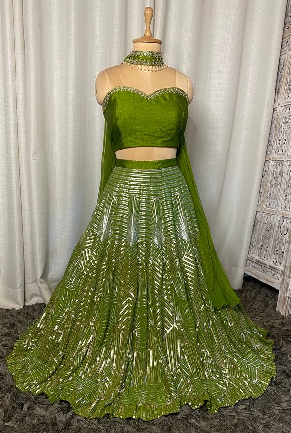 Mehndi Green Geometric work Lehnga