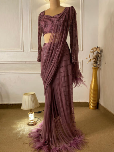 Mauve Hand Embroidered Saree